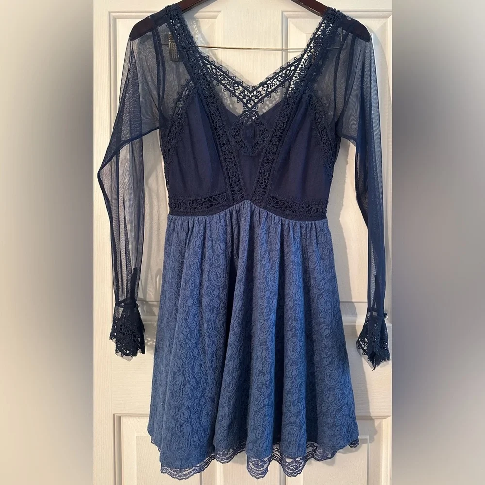 FREE PEOPLE Fairy Feminine Rave Whimsigoth Sz 2 Blue Holiday Sheer Mini Dress - Picture 3 of 16